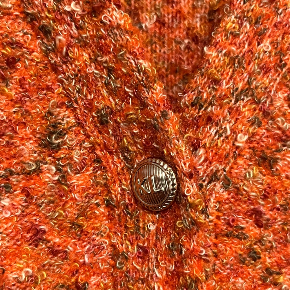 Karl Largerfeld Women's Orange Boucle Button-Up Puff Sleeve Sweater - Picture 4 of 7